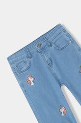 Girls Light Blue  Wide Leg Unicorn Embroidered Pant